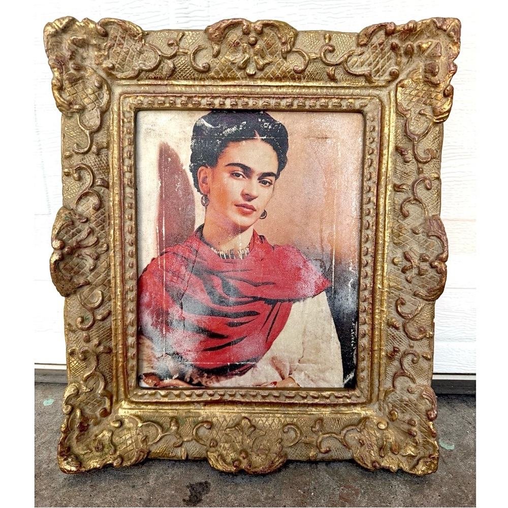 Frida Kahlo Portrait Mixed Media Small Art Work on Canvas Gold Framed Distressed